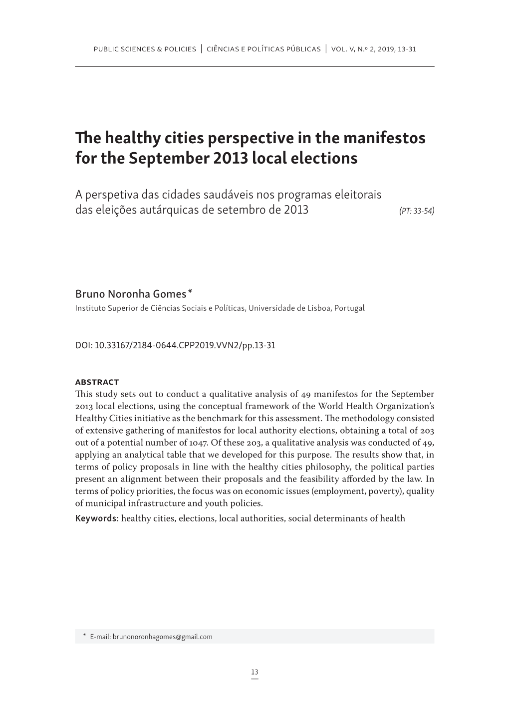 The Healthy Cities Perspective in the Manifestos for the September 2013 Local Elections