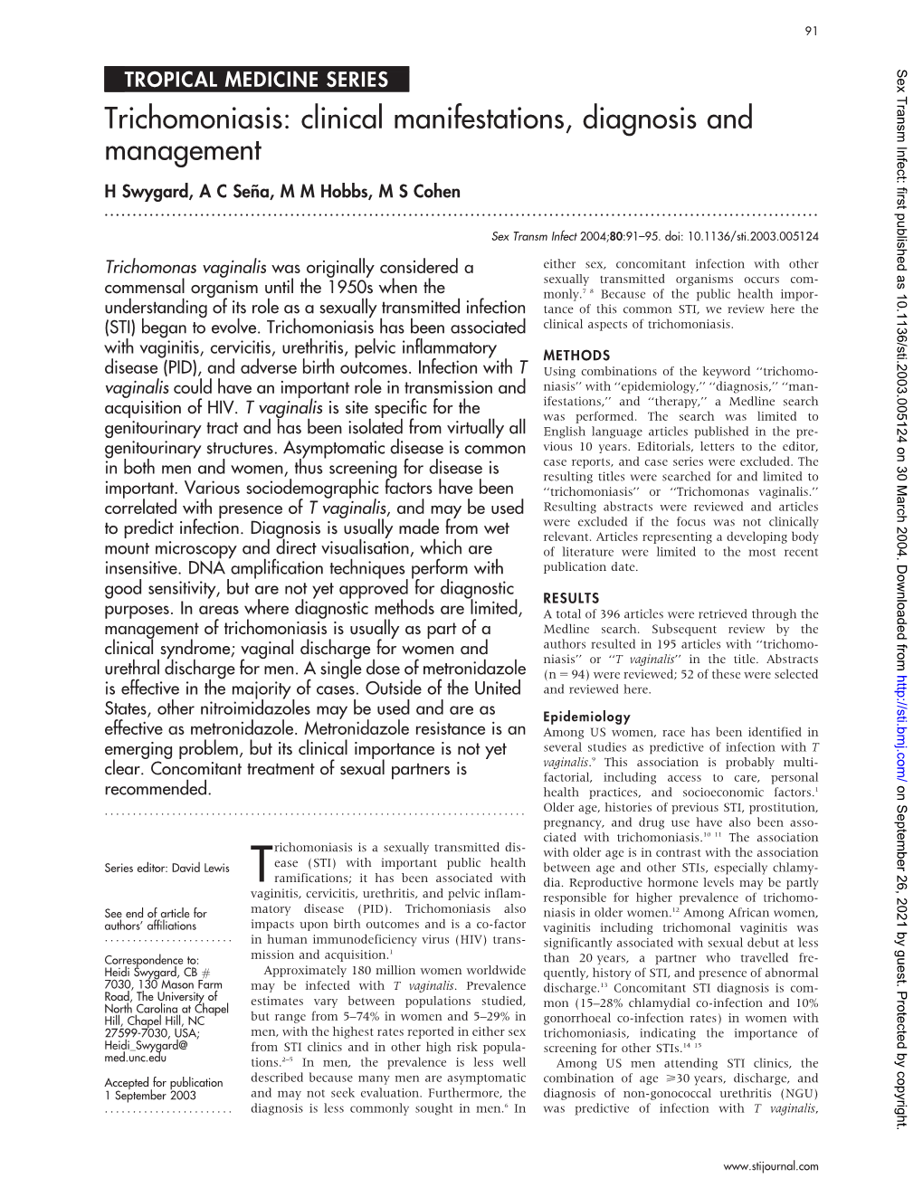 Trichomoniasis: Clinical Manifestations, Diagnosis and Management