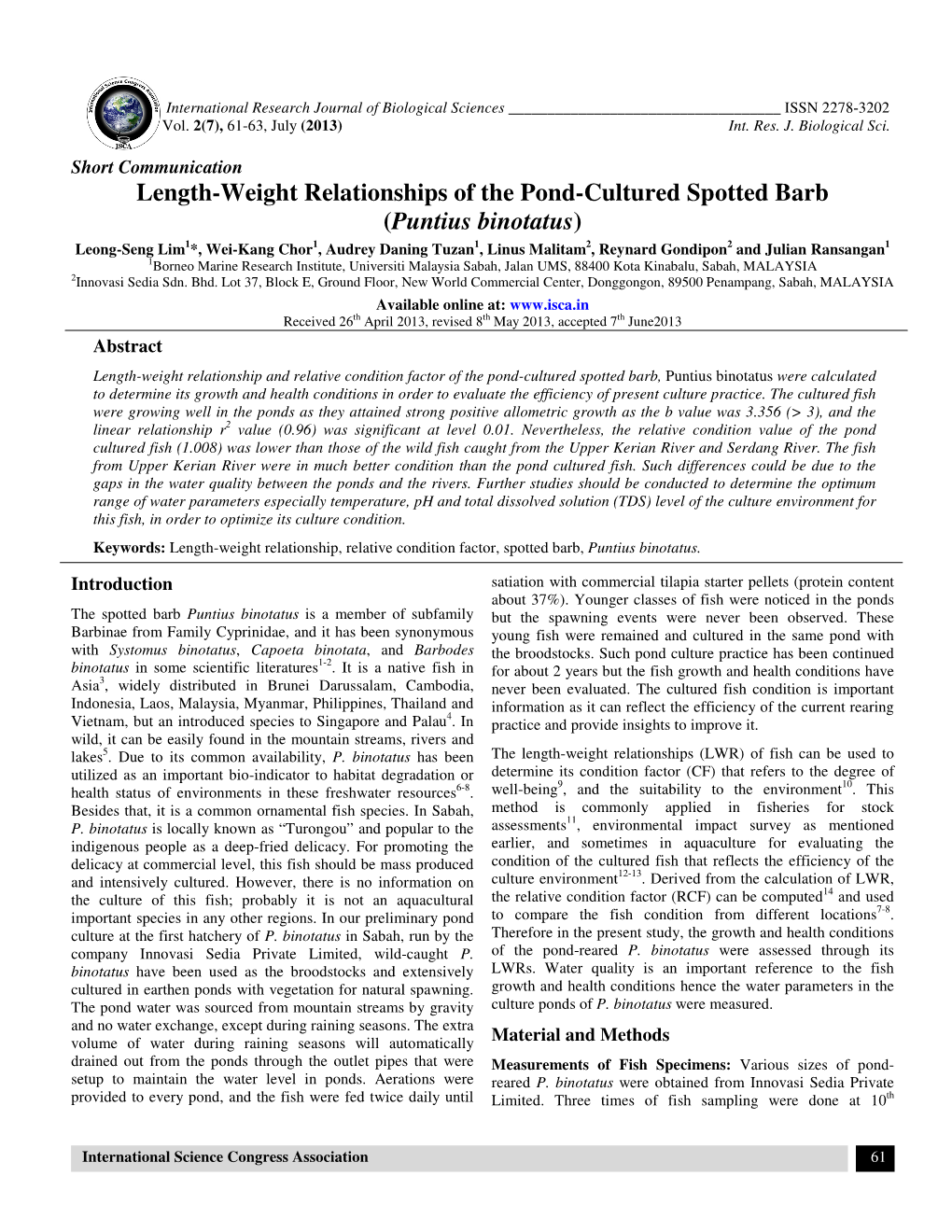 Length-Weight Relationships of the Pond-Cultured Spotted Barb (Puntius Binotatus )