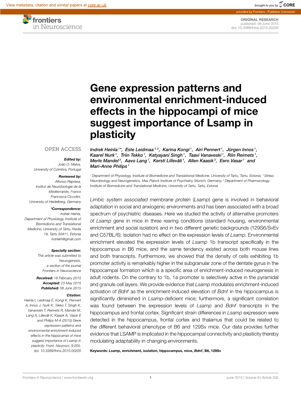 Gene Expression Patterns and Environmental Enrichment-Induced Effects in the Hippocampi of Mice Suggest Importance of Lsamp in Plasticity