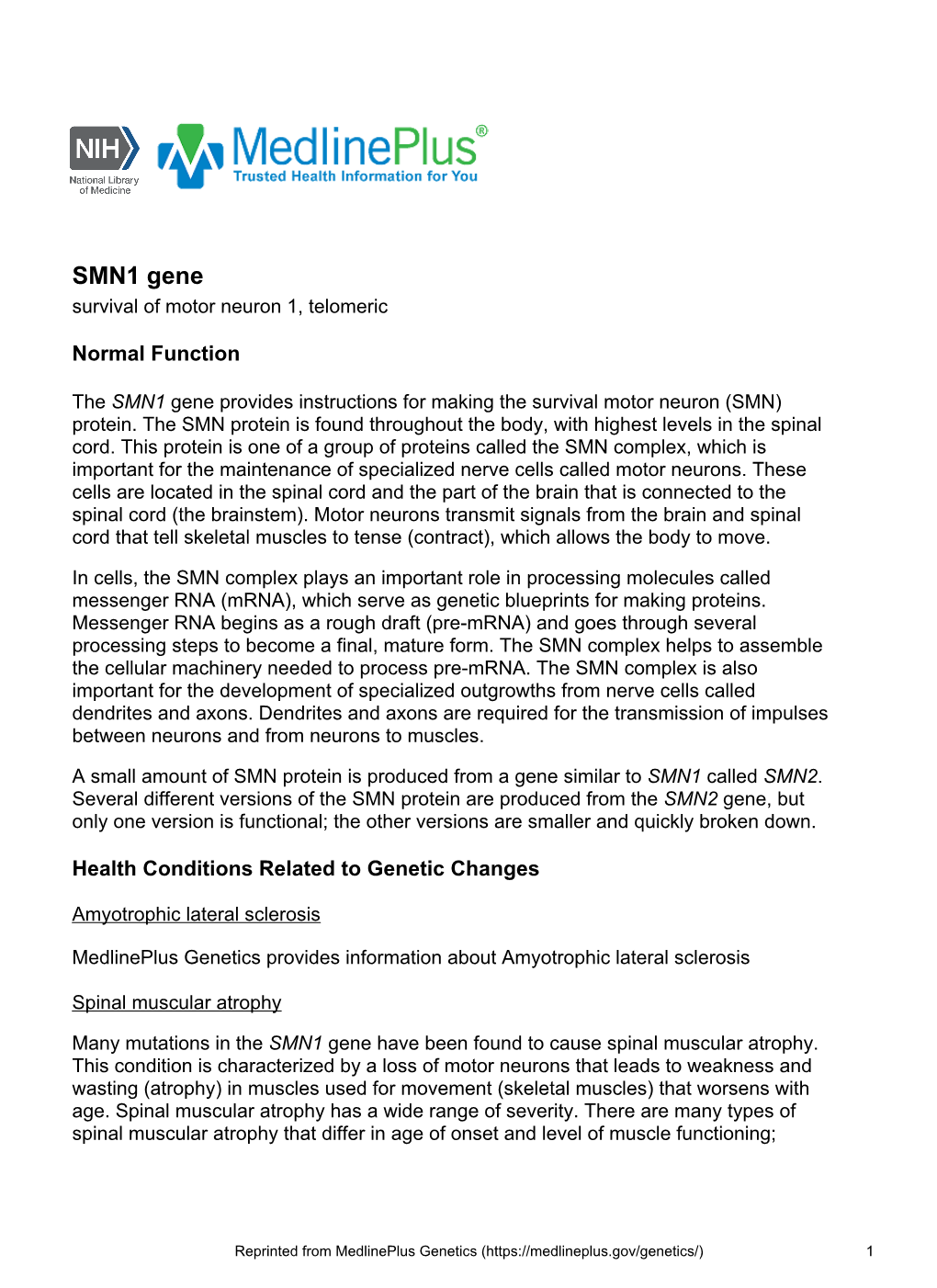 SMN1 Gene Survival of Motor Neuron 1, Telomeric