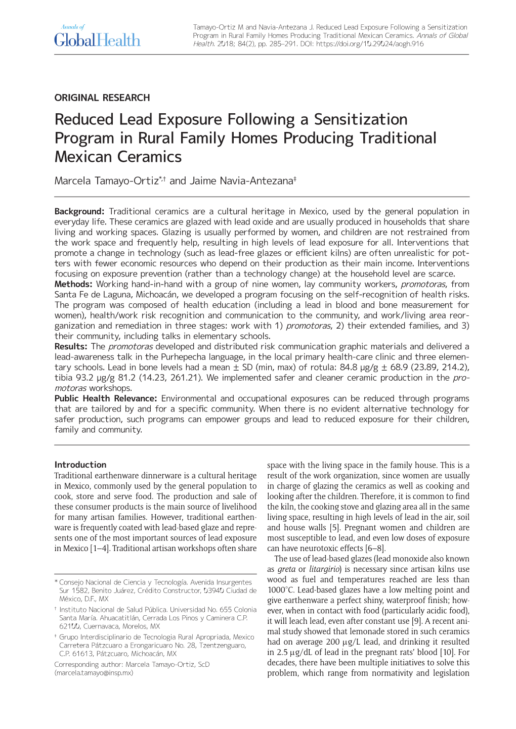 Reduced Lead Exposure Following a Sensitization Program in Rural Family Homes Producing Traditional Mexican Ceramics