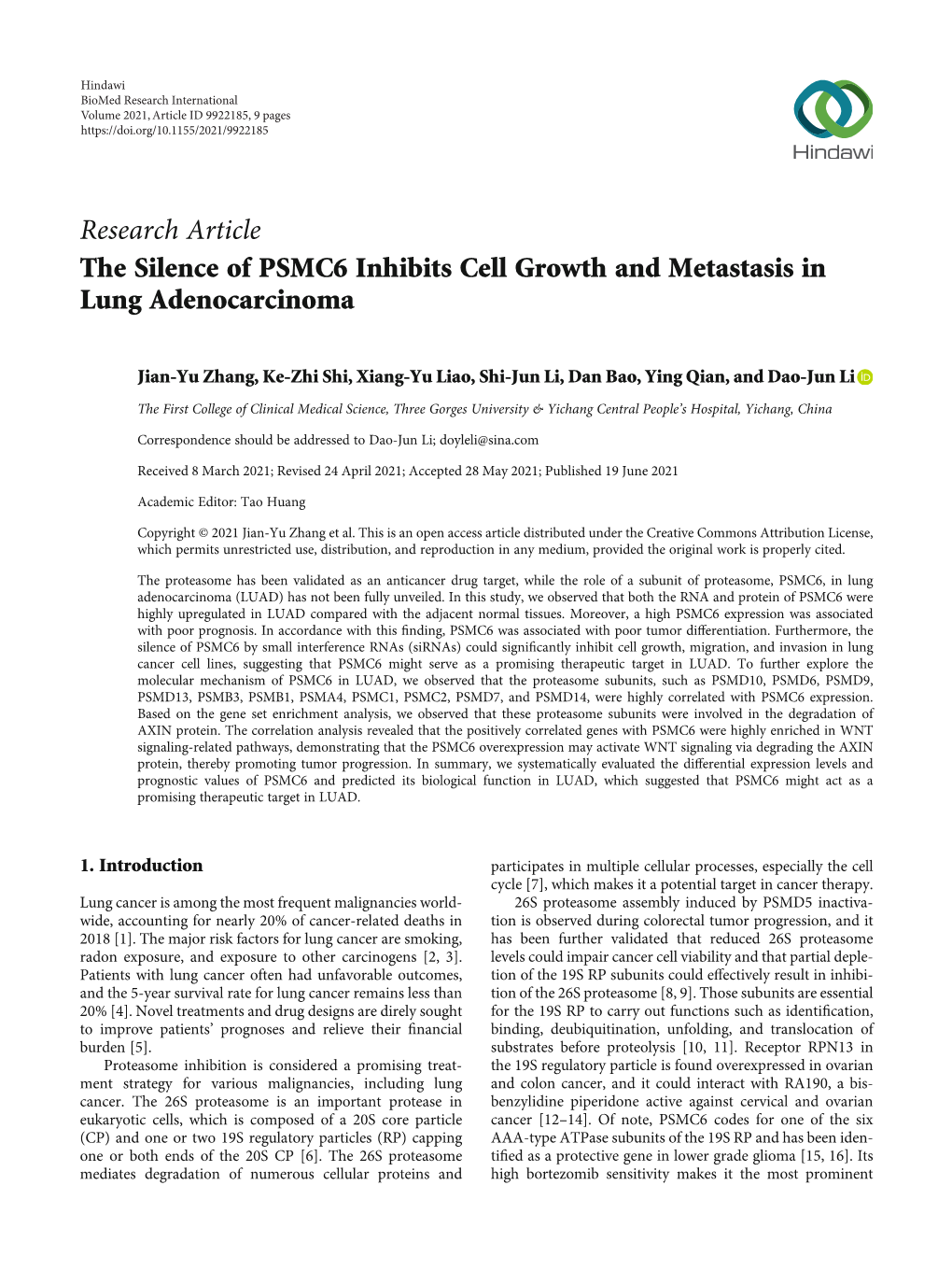 The Silence of PSMC6 Inhibits Cell Growth and Metastasis in Lung Adenocarcinoma