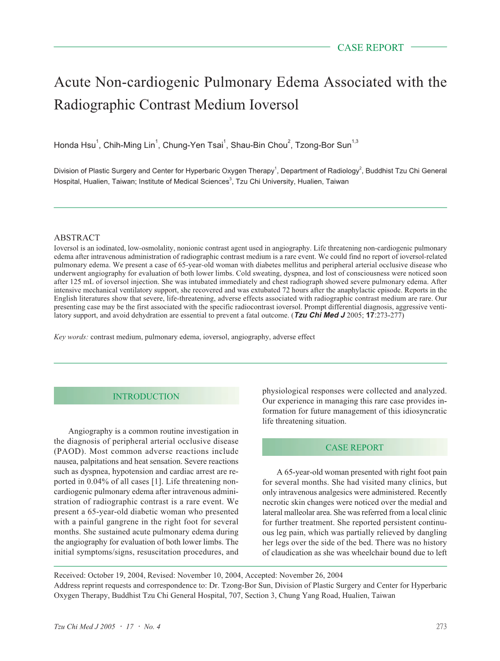 Acute Non-Cardiogenic Pulmonary Edema Associated with the Radiographic Contrast Medium Ioversol