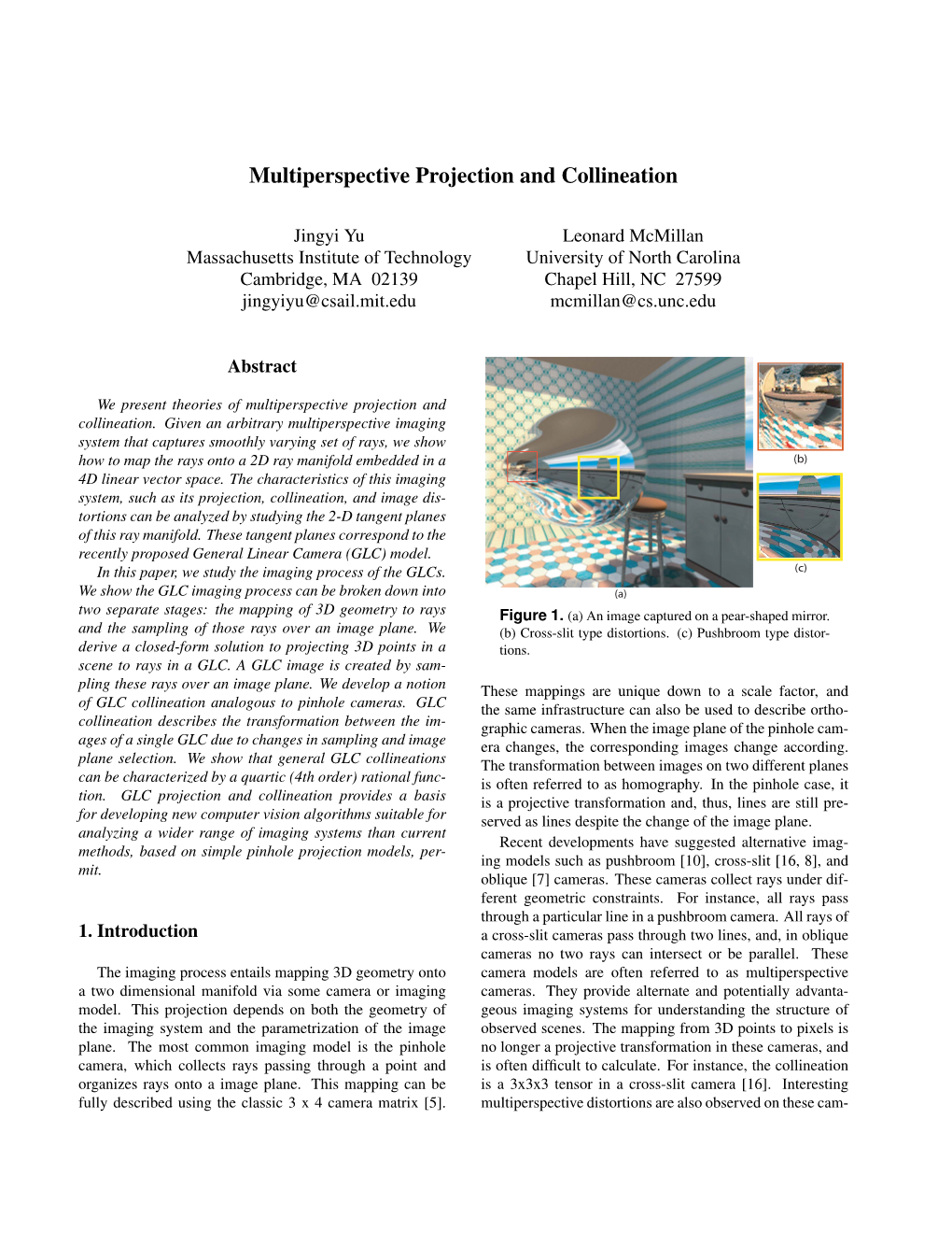 Multiperspective Projection and Collineation