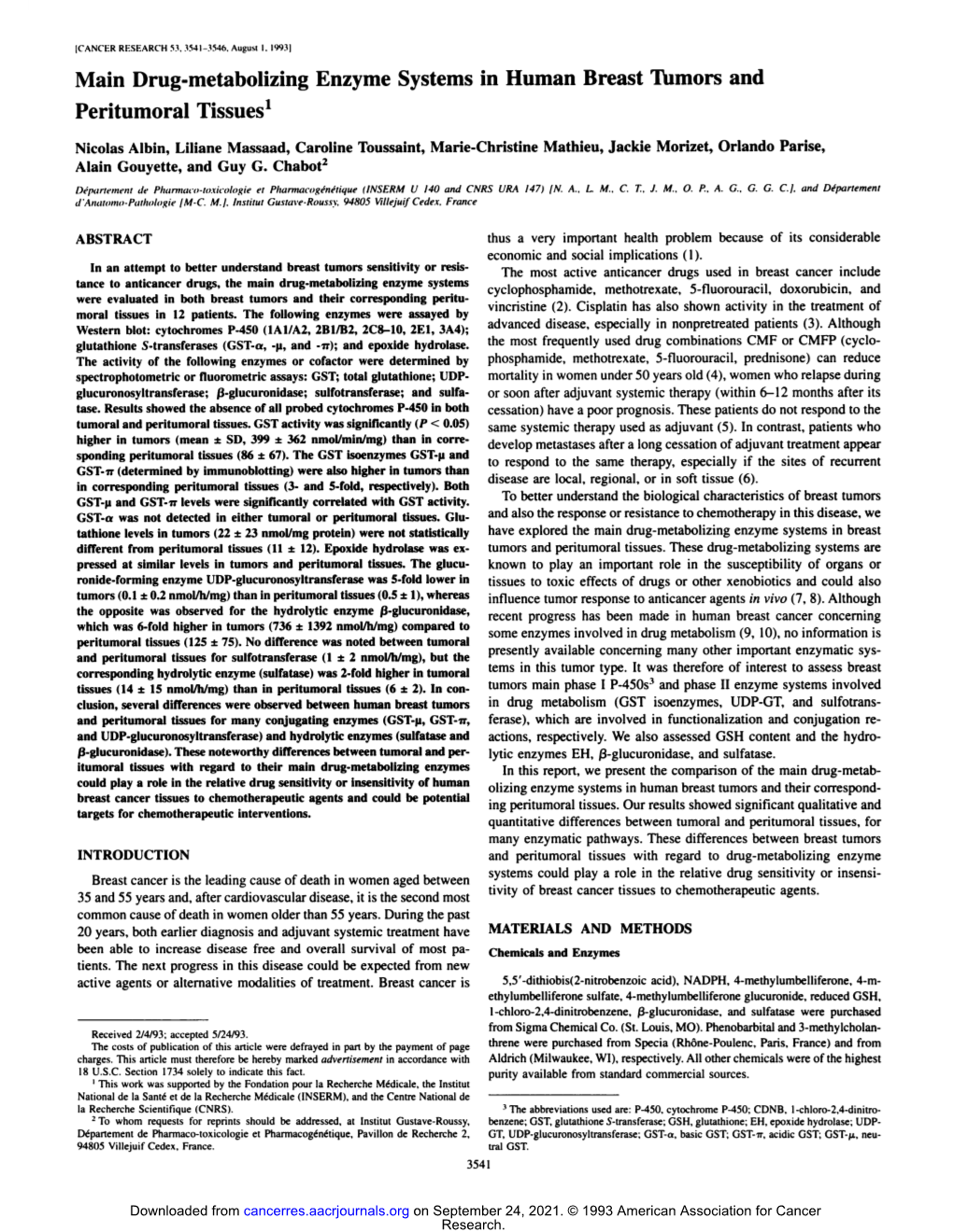 Main Drug-Metabolizing Enzyme Systems in Human Breast Tumors and Peritumoral Tissues1