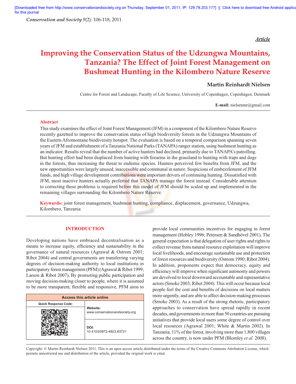 Improving the Conservation Status of the Udzungwa Mountains, Tanzania? the Effect of Joint Forest Management on Bushmeat Hunting in the Kilombero Nature Reserve