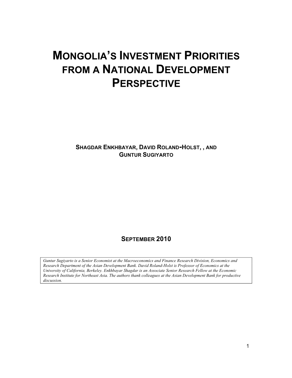 Mongolia's Investment Priorities from a National Development Perspective