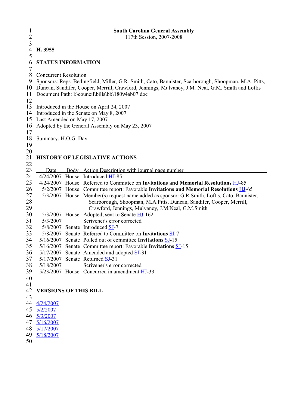 2007-2008 Bill 3955: H.O.G. Day - South Carolina Legislature Online