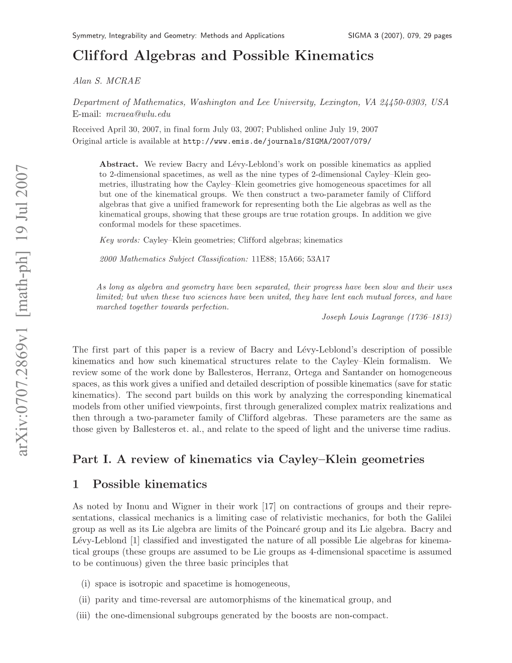 Clifford Algebras and Possible Kinematics 3