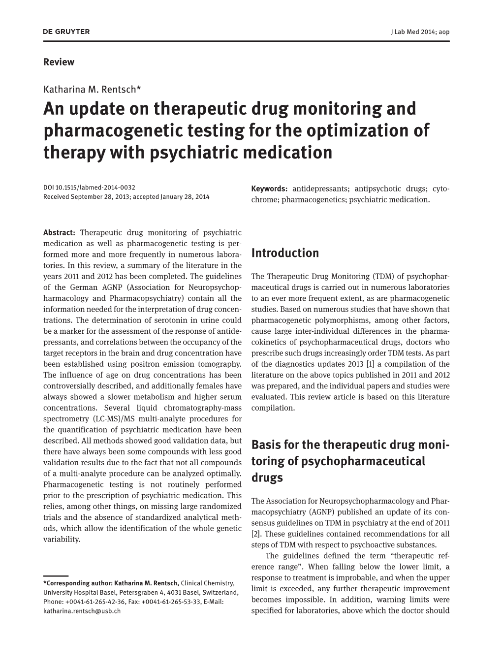 An Update on Therapeutic Drug Monitoring and Pharmacogenetic Testing for the Optimization of Therapy with Psychiatric Medication