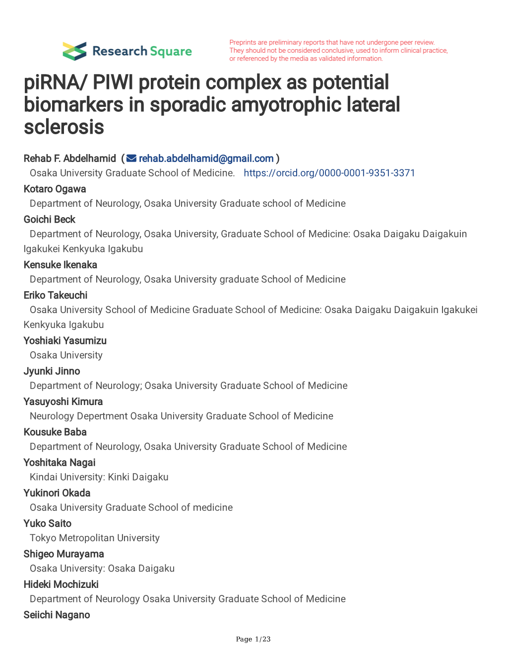 Pirna/ PIWI Protein Complex As Potential Biomarkers in Sporadic Amyotrophic Lateral Sclerosis