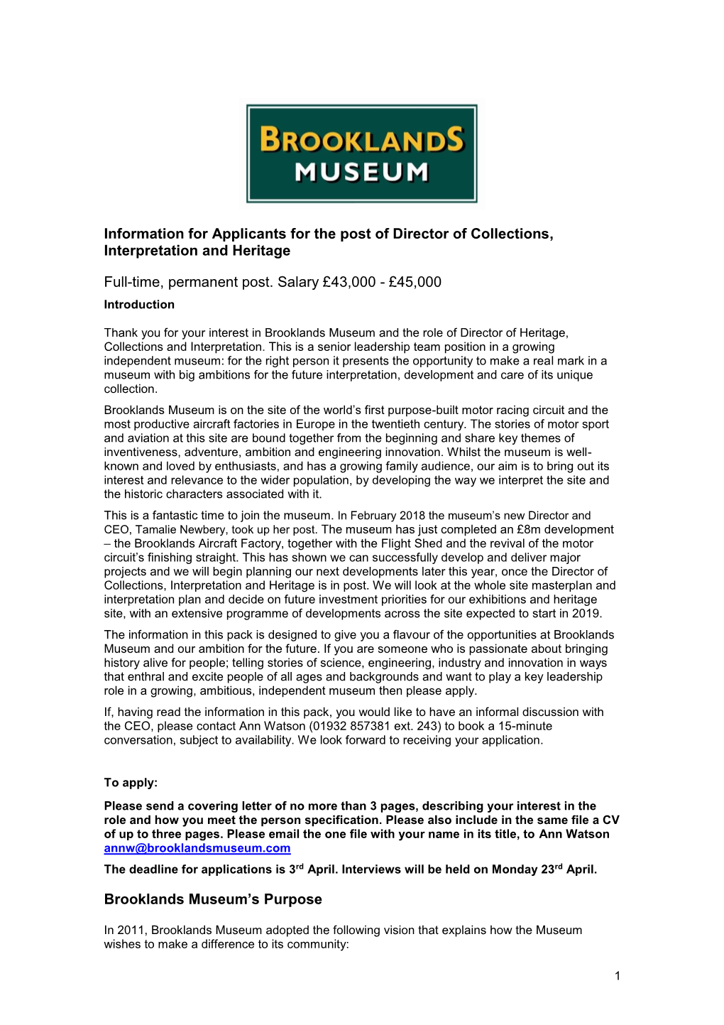 Information for Applicants for the Post of Director of Collections, Interpretation and Heritage