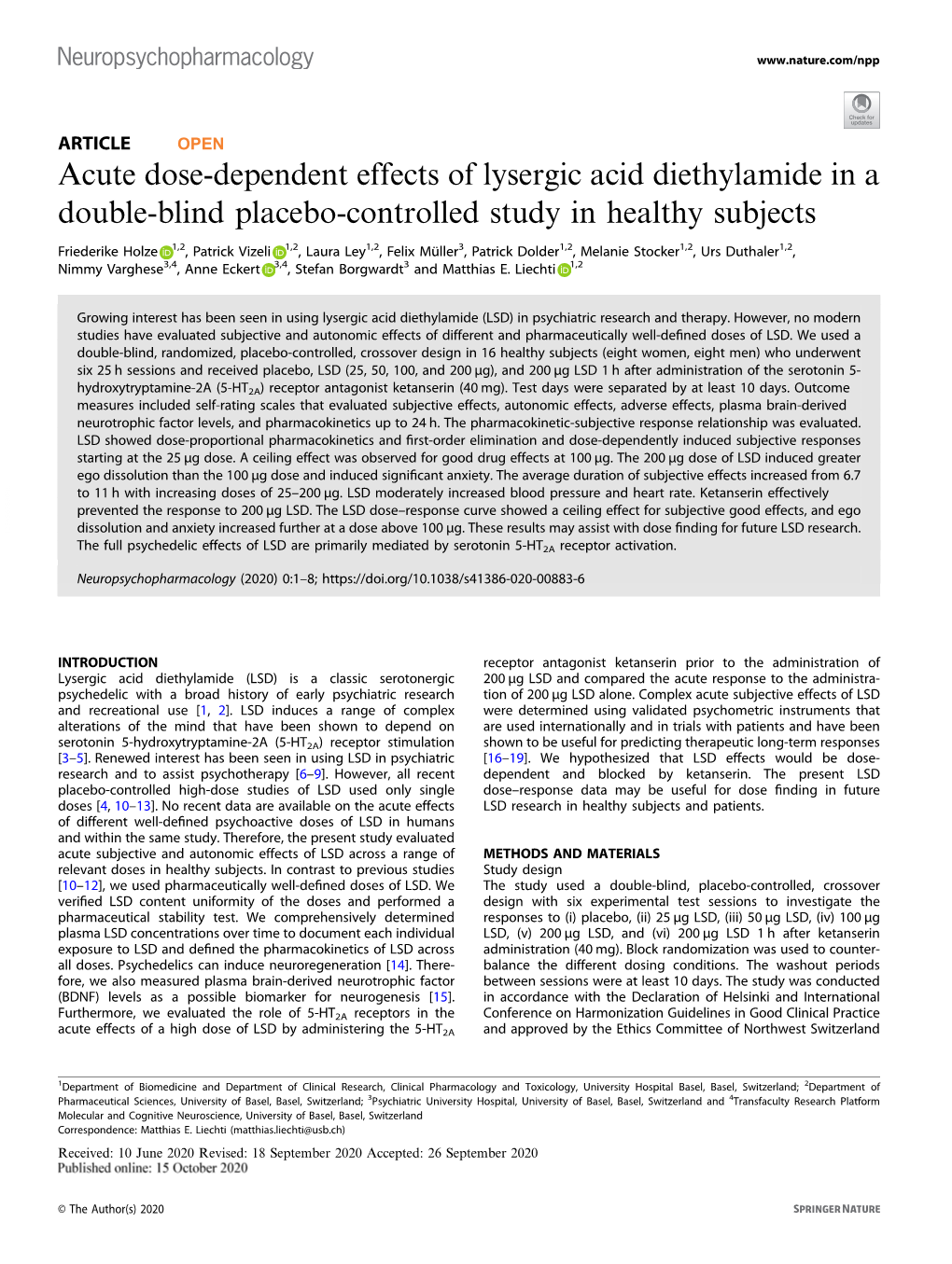 Acute Dose-Dependent Effects of Lysergic Acid Diethylamide in a Double-Blind Placebo-Controlled Study in Healthy Subjects