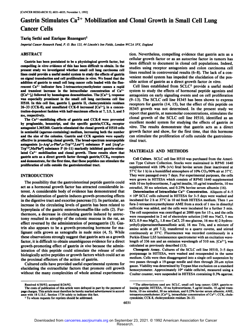 Gastrin Stimulates Ca2' Mobilization and Clonal Growth in Small Cell Lung Cancer Cells