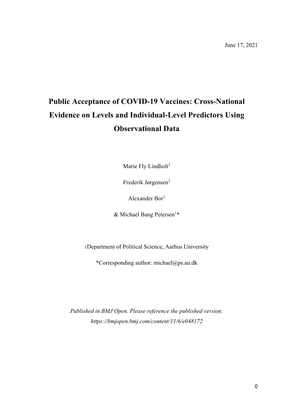 Public Acceptance of COVID-19 Vaccines: Cross-National Evidence on Levels and Individual-Level Predictors Using Observational Data