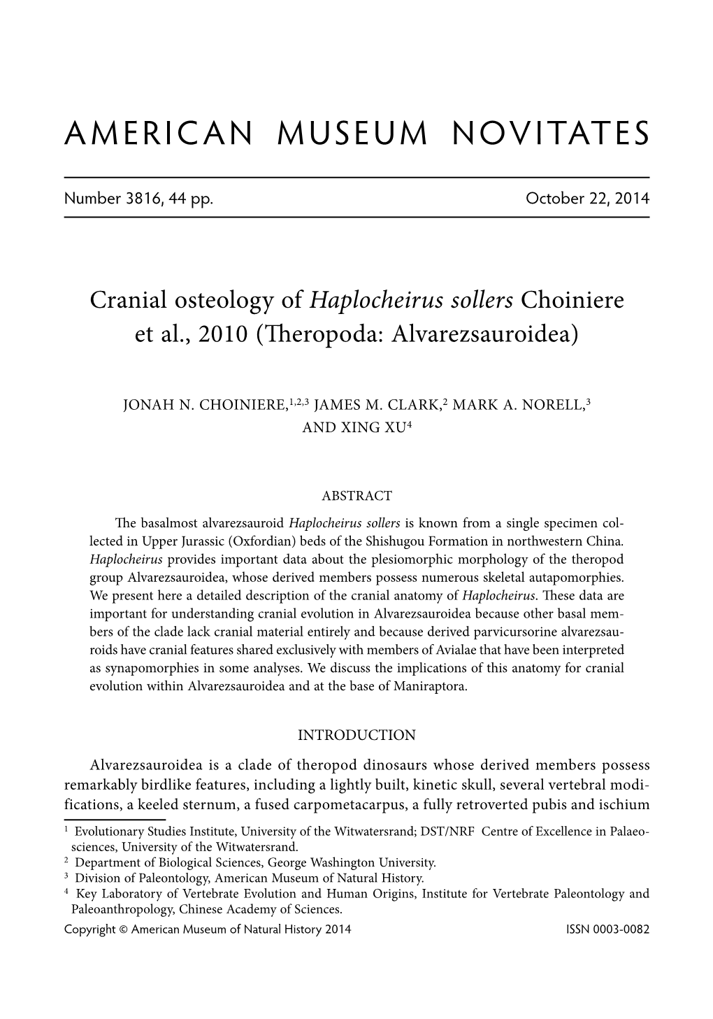 Haplocheirus Sollers Choiniere Et Al., 2010 (Theropoda: Alvarezsauroidea)