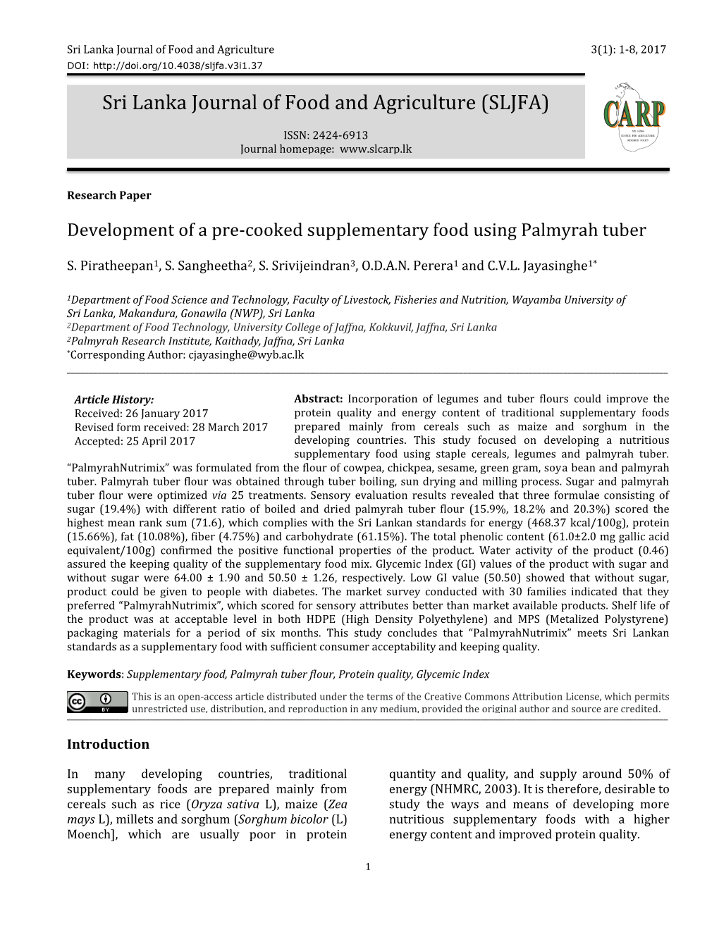 Sri Lanka Journal of Food and Agriculture (SLJFA)