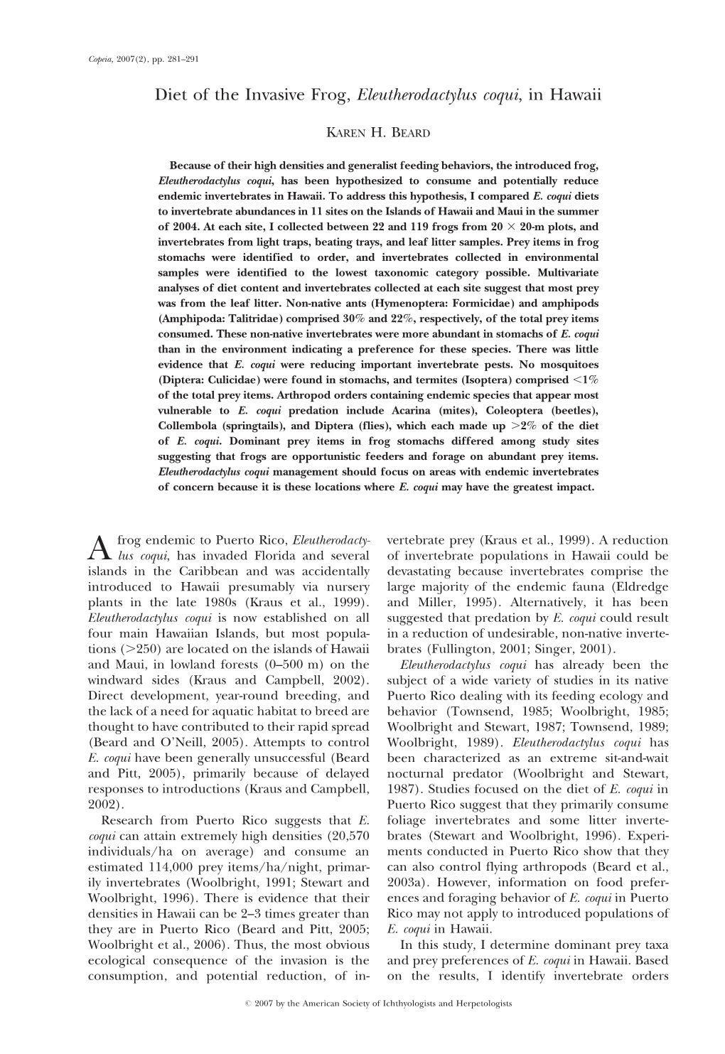 Diet of the Invasive Frog, Eleutherodactylus Coqui, in Hawaii