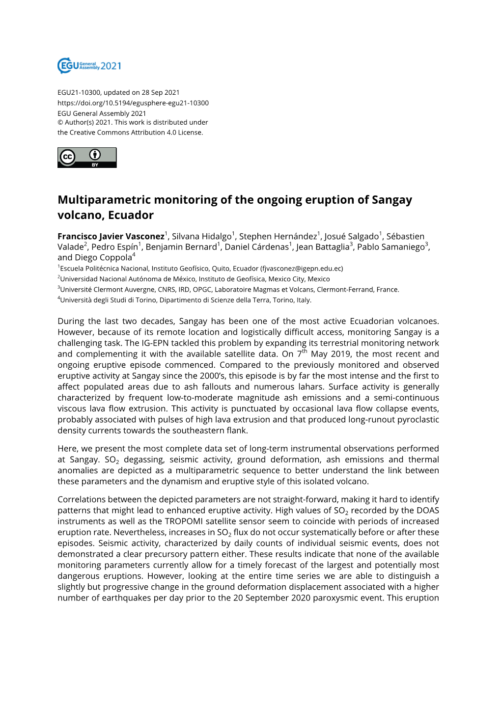 Multiparametric Monitoring of the Ongoing Eruption of Sangay Volcano, Ecuador