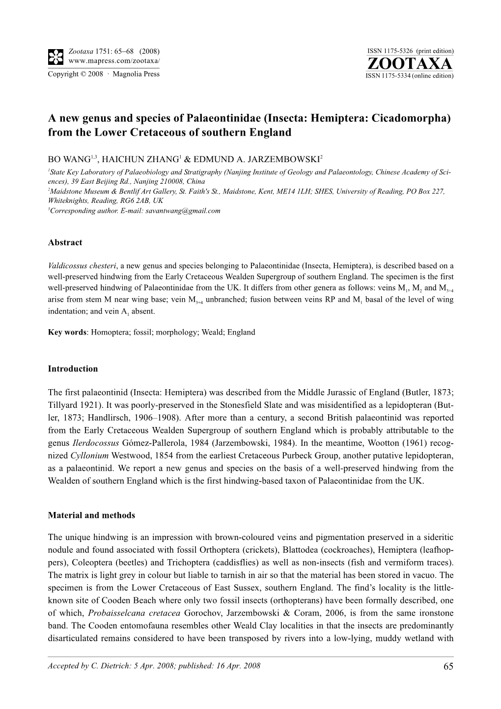 Zootaxa, a New Genus and Species of Palaeontinid Ae