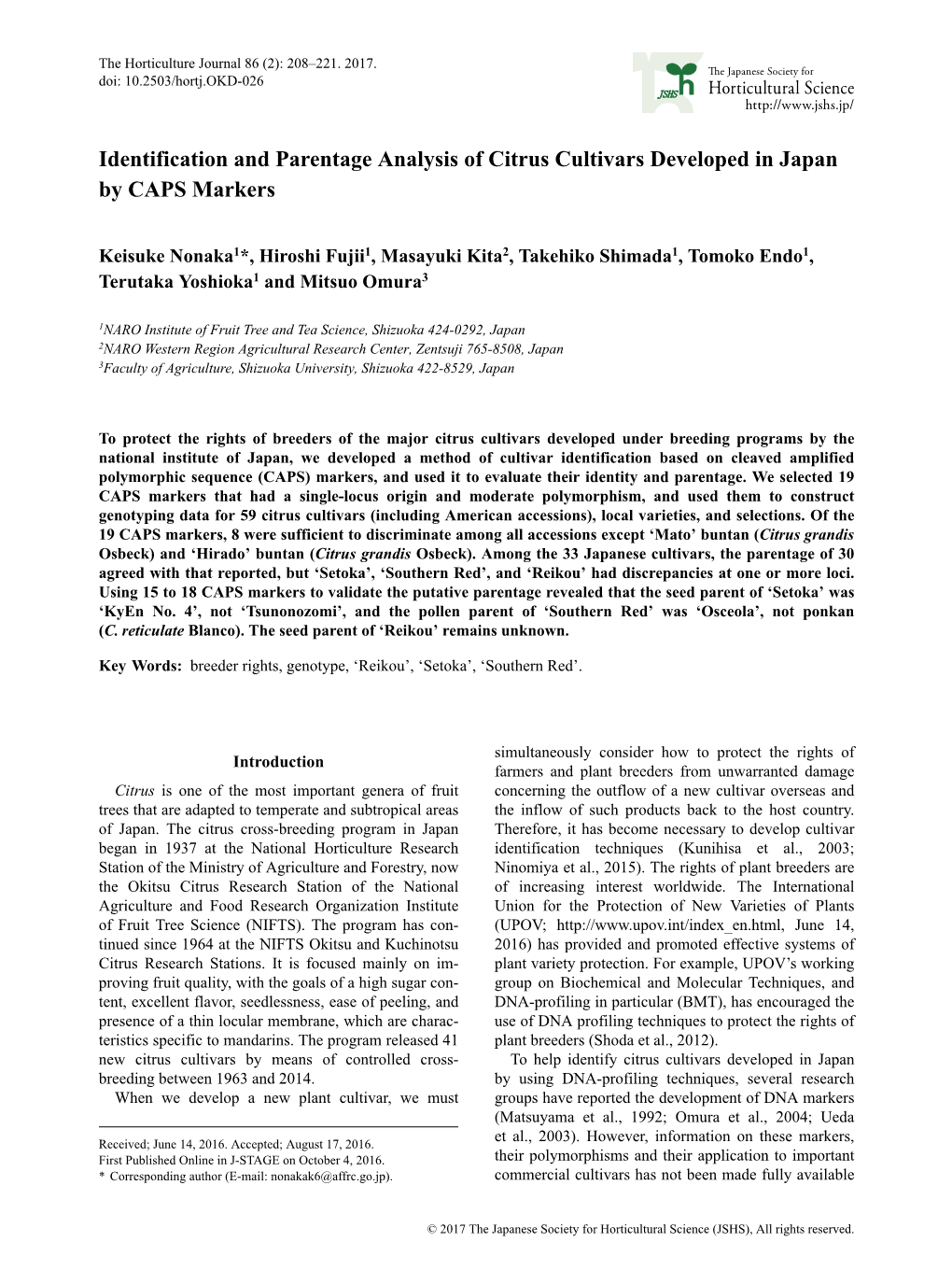 Identification and Parentage Analysis of Citrus Cultivars Developed in Japan by CAPS Markers