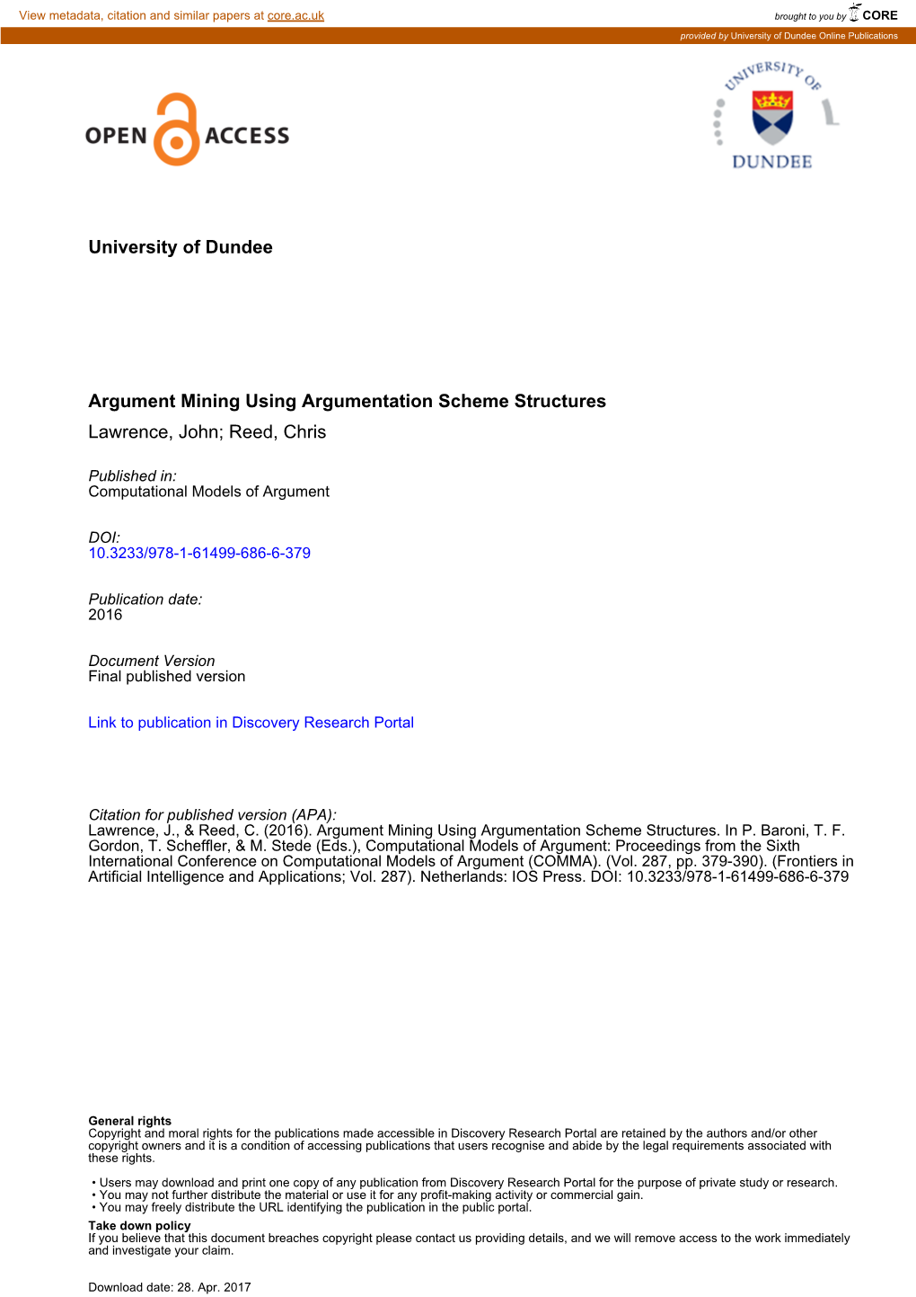 University of Dundee Argument Mining Using