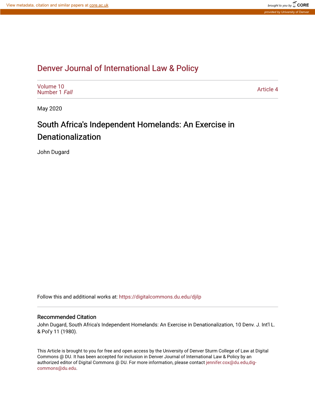 South Africa's Independent Homelands: an Exercise in Denationalization