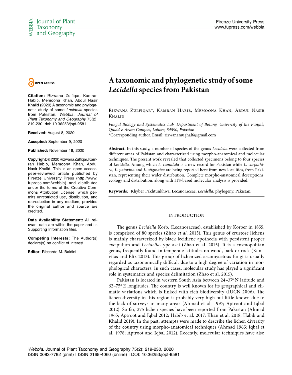 A Taxonomic and Phylogenetic Study of Some Lecidella Species From