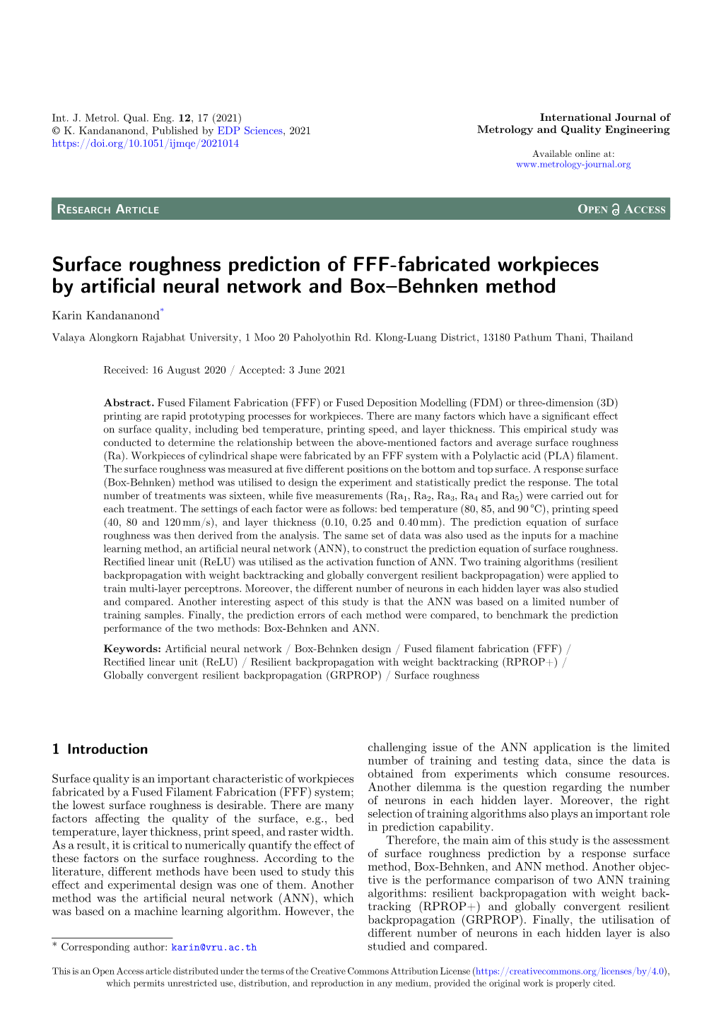 Surface Roughness Prediction of FFF-Fabricated Workpieces by Artiﬁcial Neural Network and Box–Behnken Method