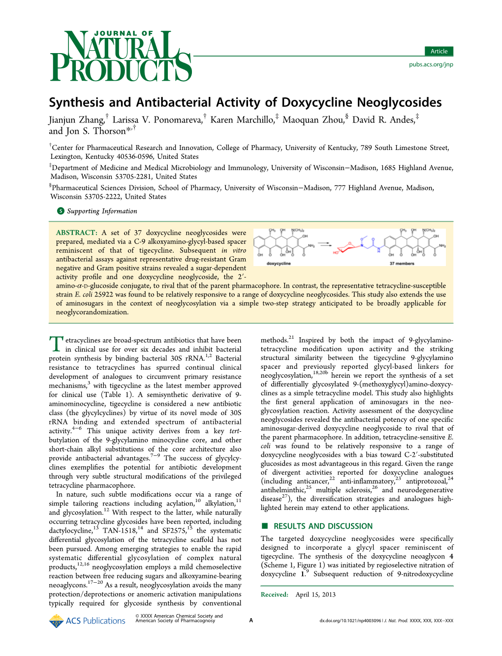 Synthesis and Antibacterial Activity of Doxycycline Neoglycosides † † ‡ § ‡ Jianjun Zhang, Larissa V