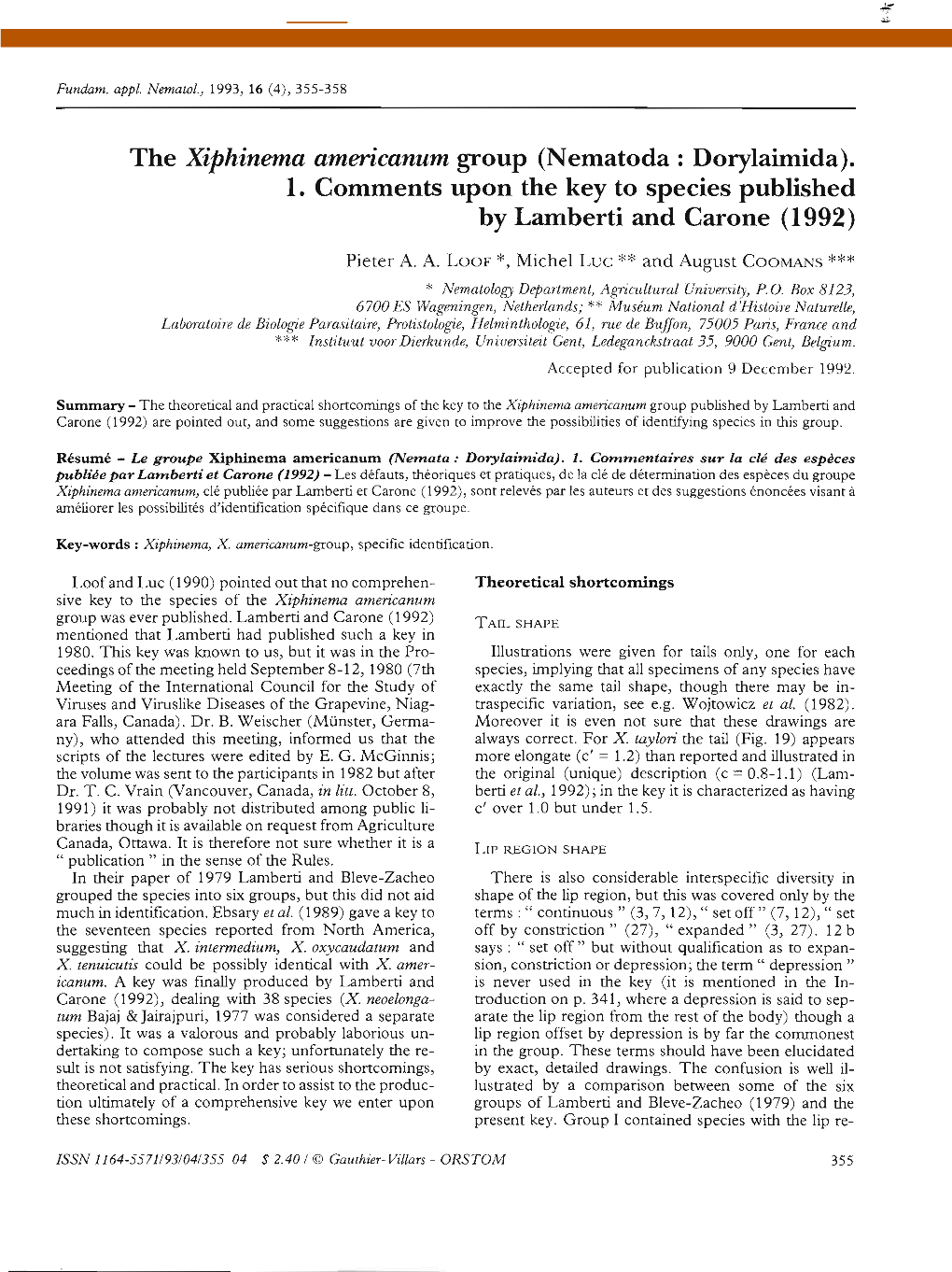 The Xiphinema Americanum Group (Nematoda : Dorylaimida)