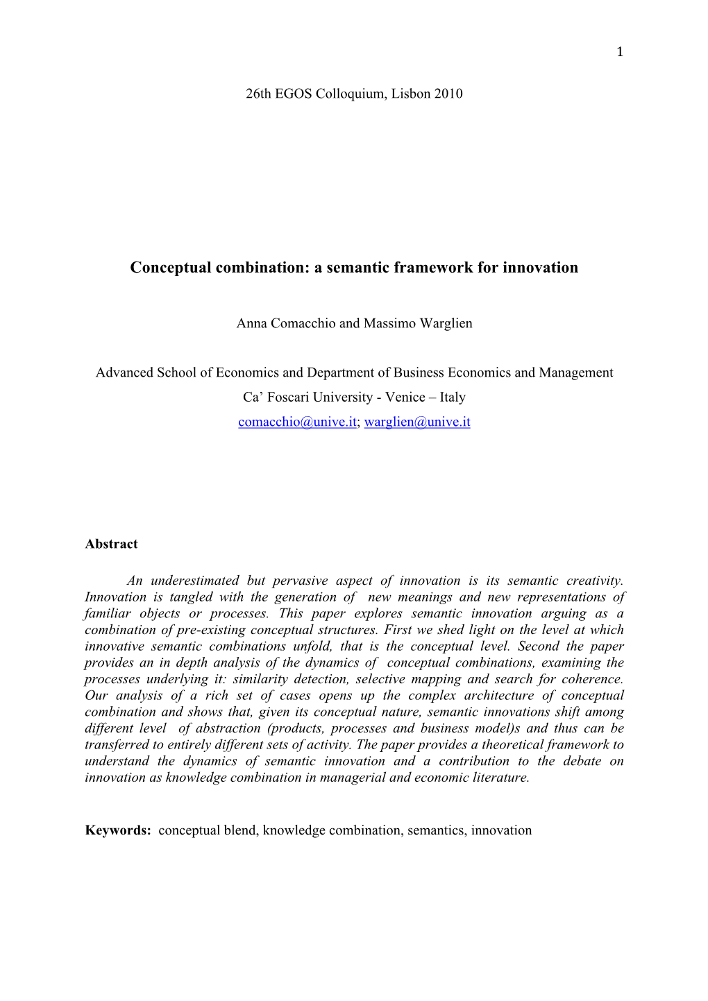 Conceptual Combination: a Semantic Framework for Innovation