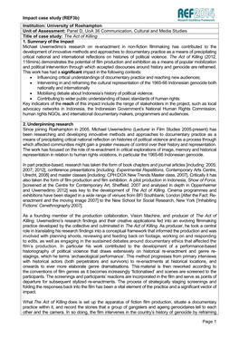 Institution: University of Roehampton Unit of Assessment: Panel D, Uoa 36 Communication, Cultural and Media Studies Title of Case Study: the Act of Killing 1