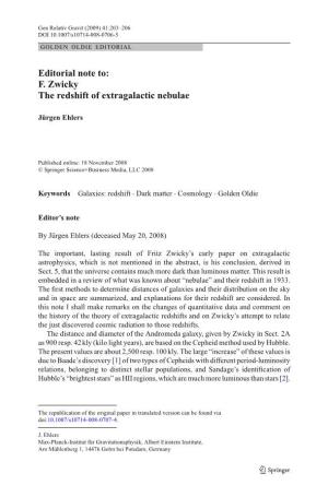 Editorial Note To: F. Zwicky the Redshift of Extragalactic Nebulae