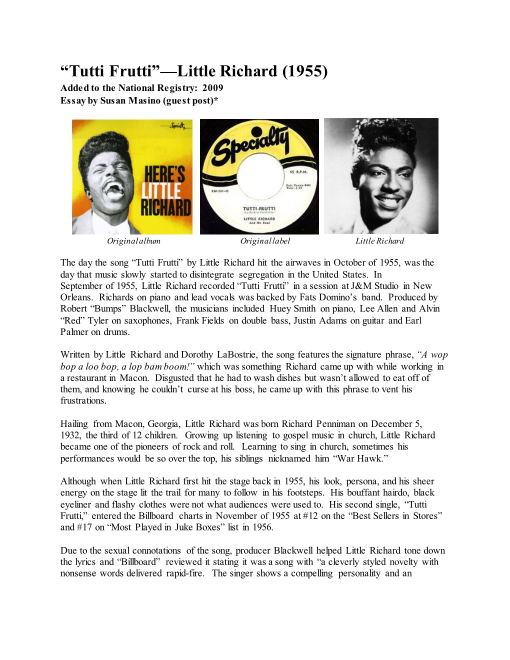 Tutti Frutti”—Little Richard (1955) Added to the National Registry: 2009 Essay by Susan Masino (Guest Post)*