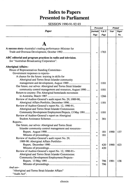 Index to Papers Presented to Parliament A