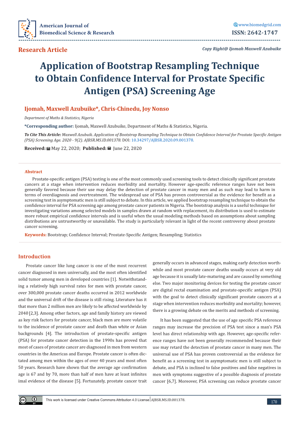 Application of Bootstrap Resampling Technique to Obtain Confidence Interval for Prostate Specific Antigen (PSA) Screening Age