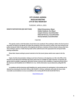 City Council Agenda Regular Meeting Tuesday, April 6, 2021