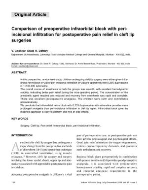 Incisional Infiltration for Postoperative Pain Relief in Cleft Lip Surgeries