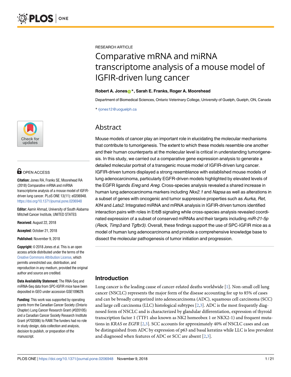 Comparative Mrna and Mirna Transcriptome Analysis of a Mouse Model of IGFIR-Driven Lung Cancer