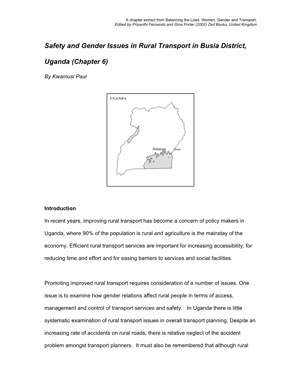 Safety and Gender Issues in Rural Transport in Busia District, Uganda