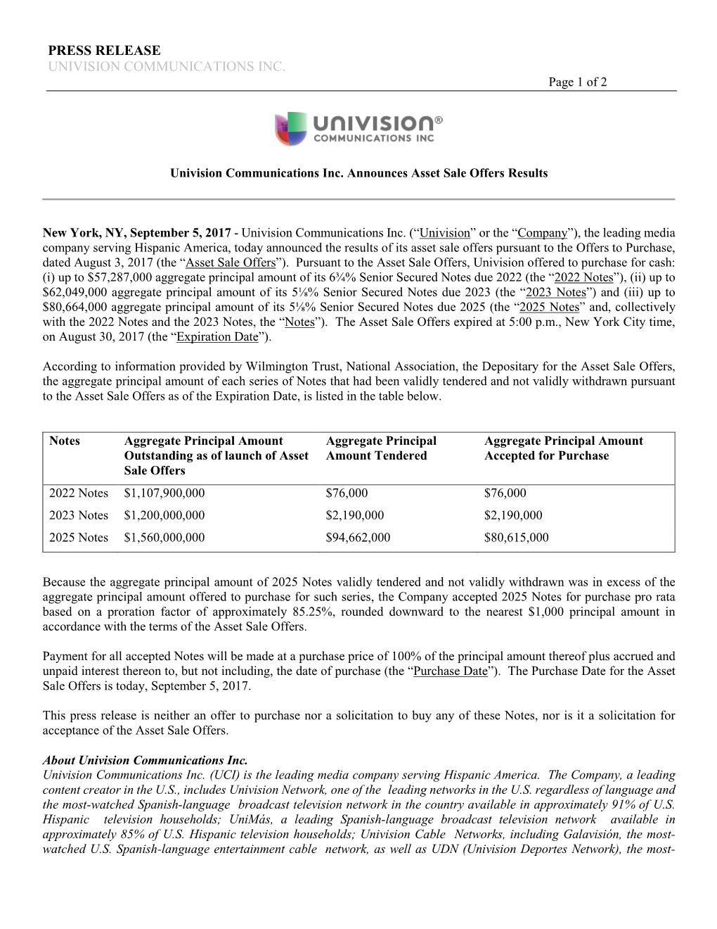 PRESS RELEASE UNIVISION COMMUNICATIONS INC. Page 1 of 2