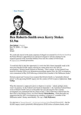 Ben Roberts-Smith Owes Kerry Stokes $1.9M