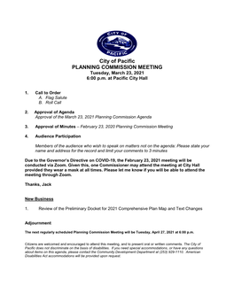 City of Pacific PLANNING COMMISSION MEETING Tuesday, March 23, 2021 6:00 P.M