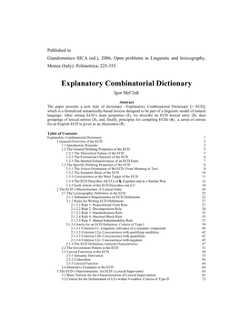 Explanatory Combinatorial Dictionary Igor Mel’Čuk