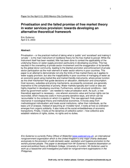 Privatisation and the Failed Promise of Free Market Theory in Water Services Provision: Towards Developing an Alternative Theoretical Framework