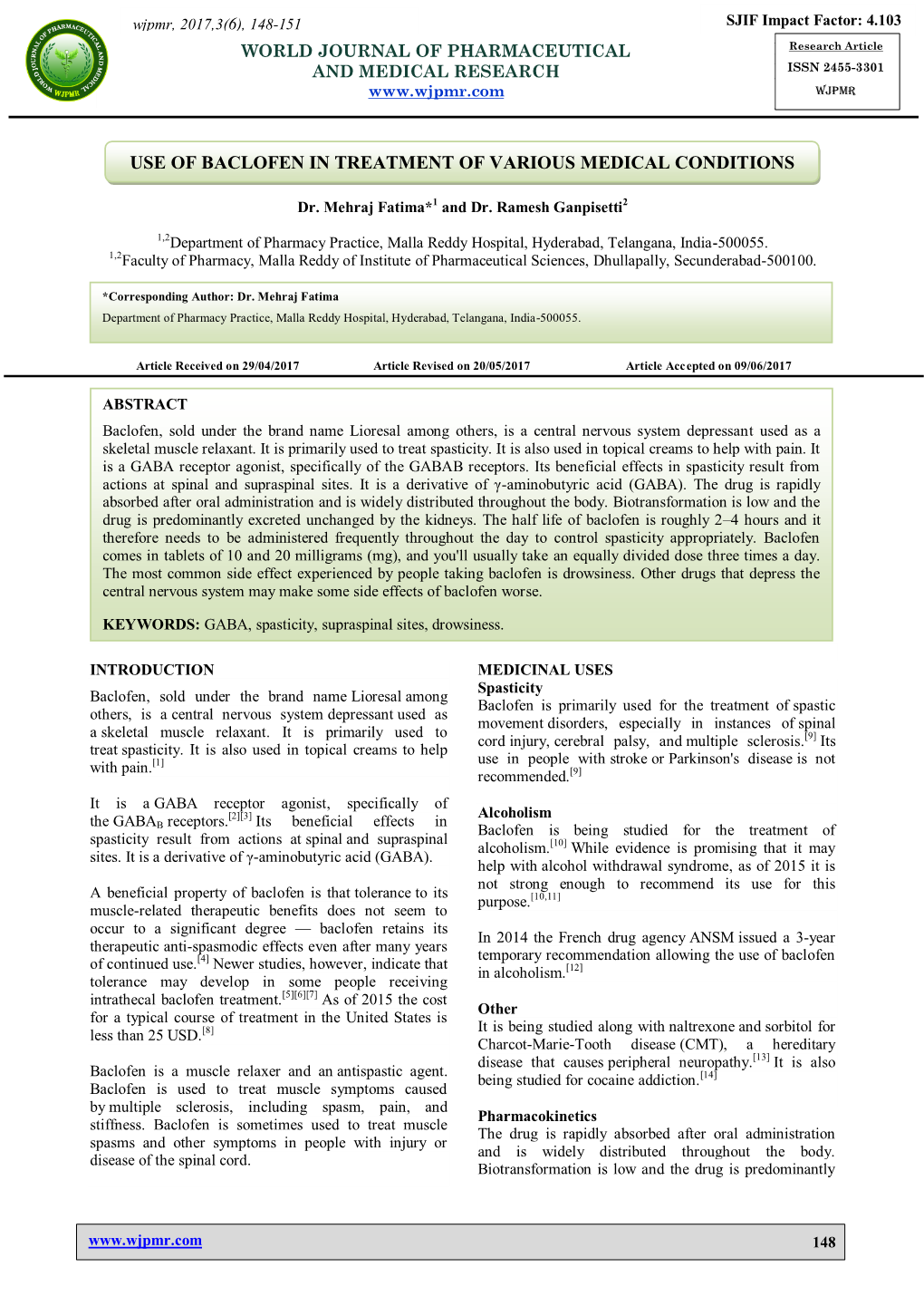 Use of Baclofen in Treatment of Various Medical Conditions