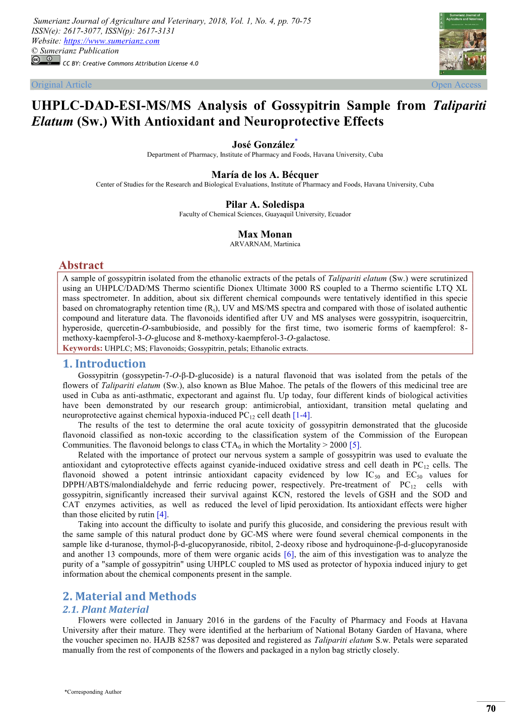 UHPLC-DAD-ESI-MS/MS Analysis of Gossypitrin Sample from Talipariti Elatum (Sw.) with Antioxidant and Neuroprotective Effects