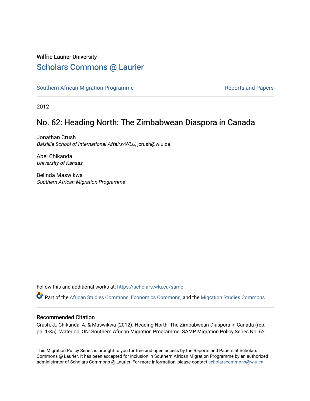Heading North: the Zimbabwean Diaspora in Canada